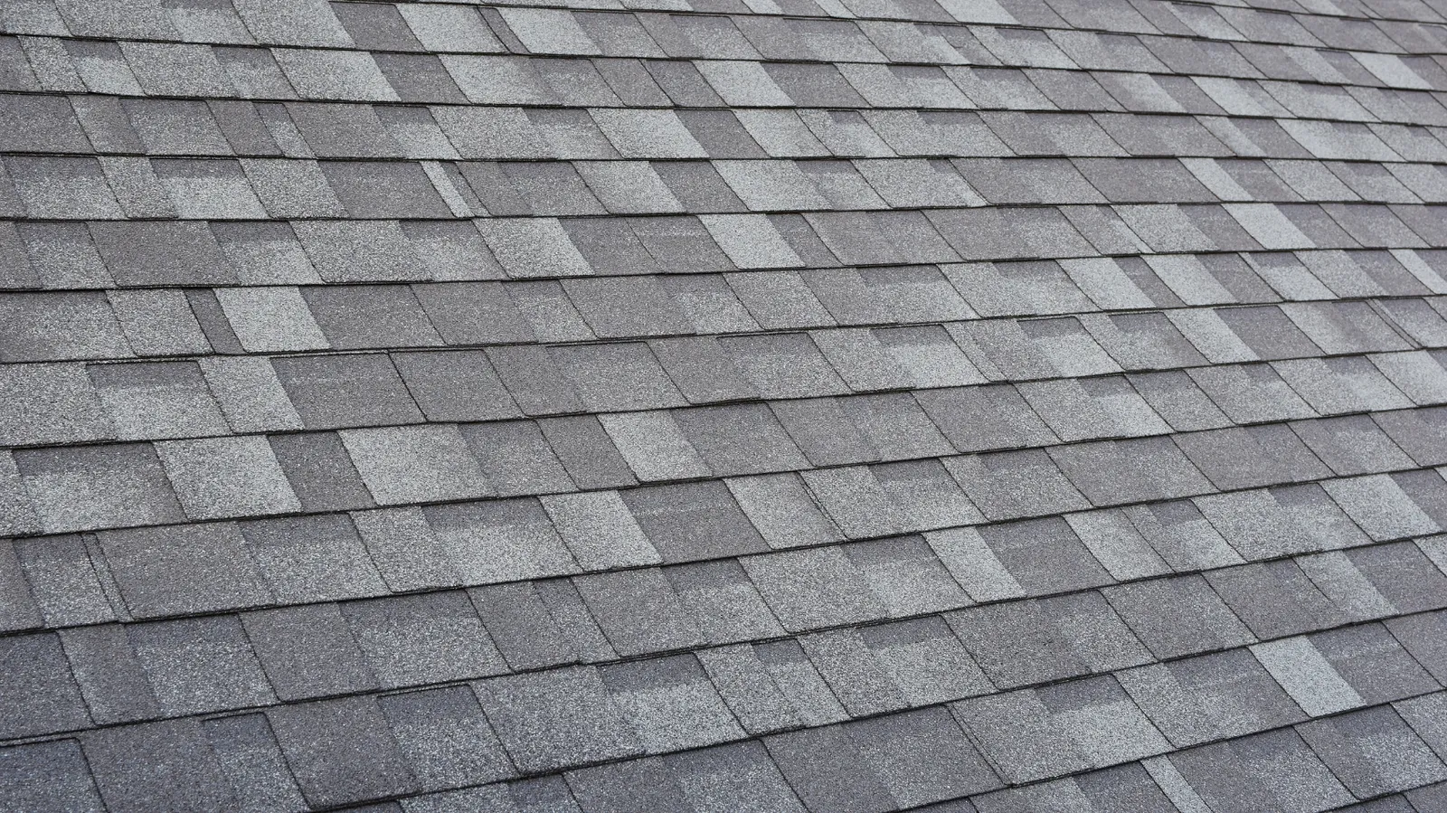 Angled view of a wide slope of gray architectural asphalt shingles