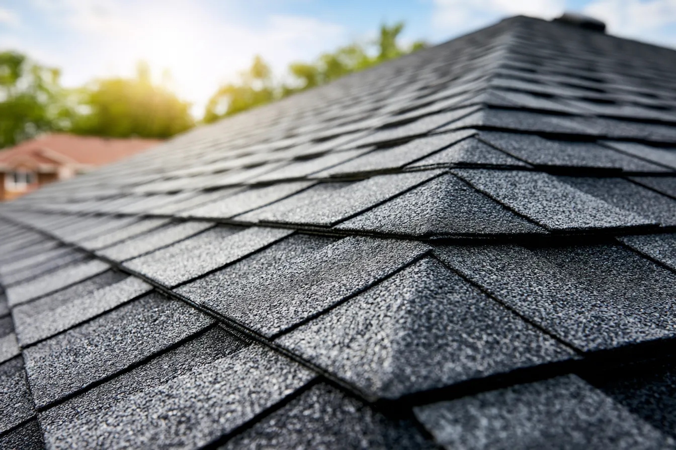 Viewed from a low angle charcoal architectural shingles rise toward a ridge