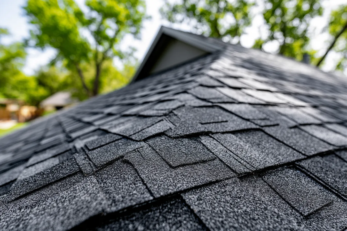Gable and trees behind a close view of black asphalt shingles