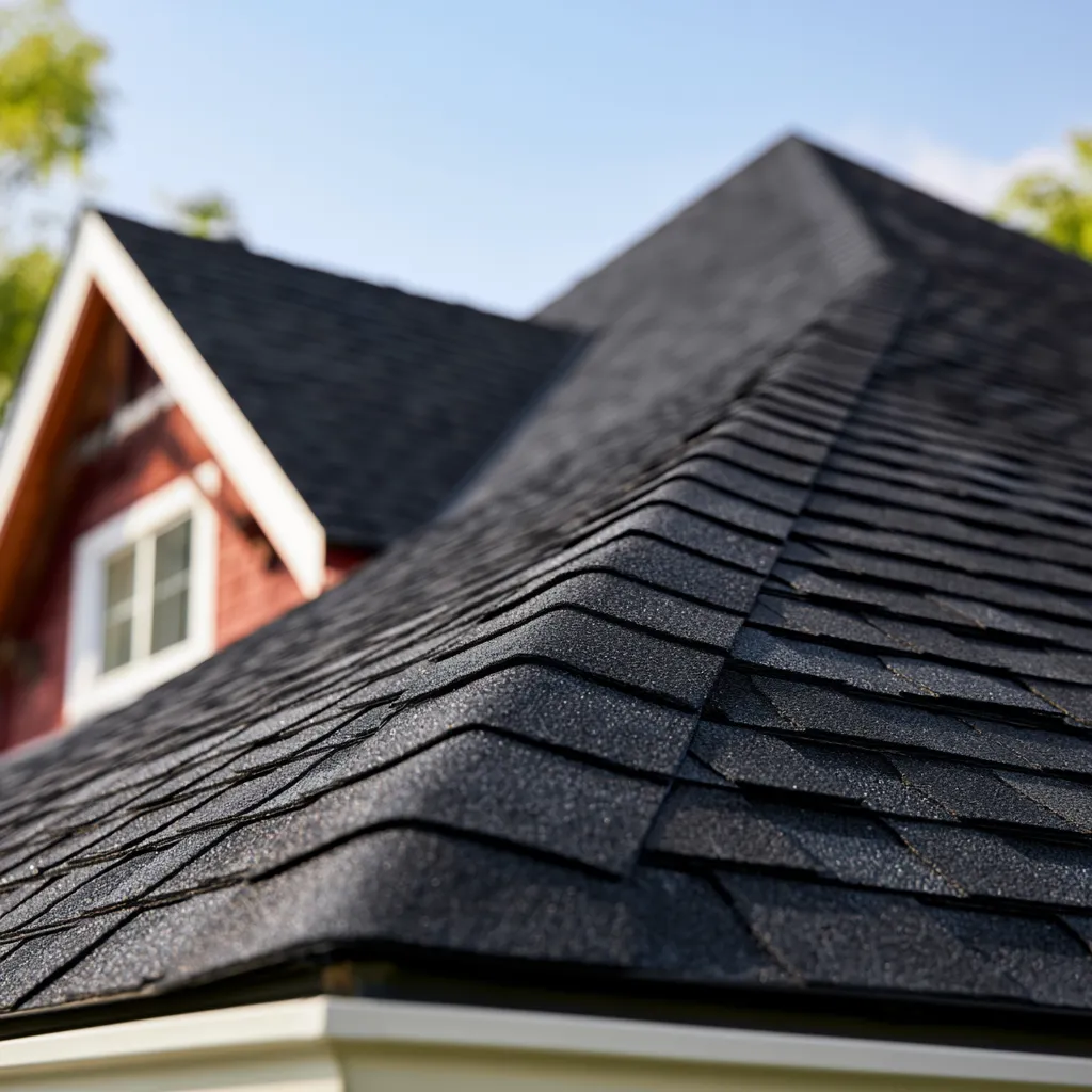 Red gable dormer behind black shingle roof ridges