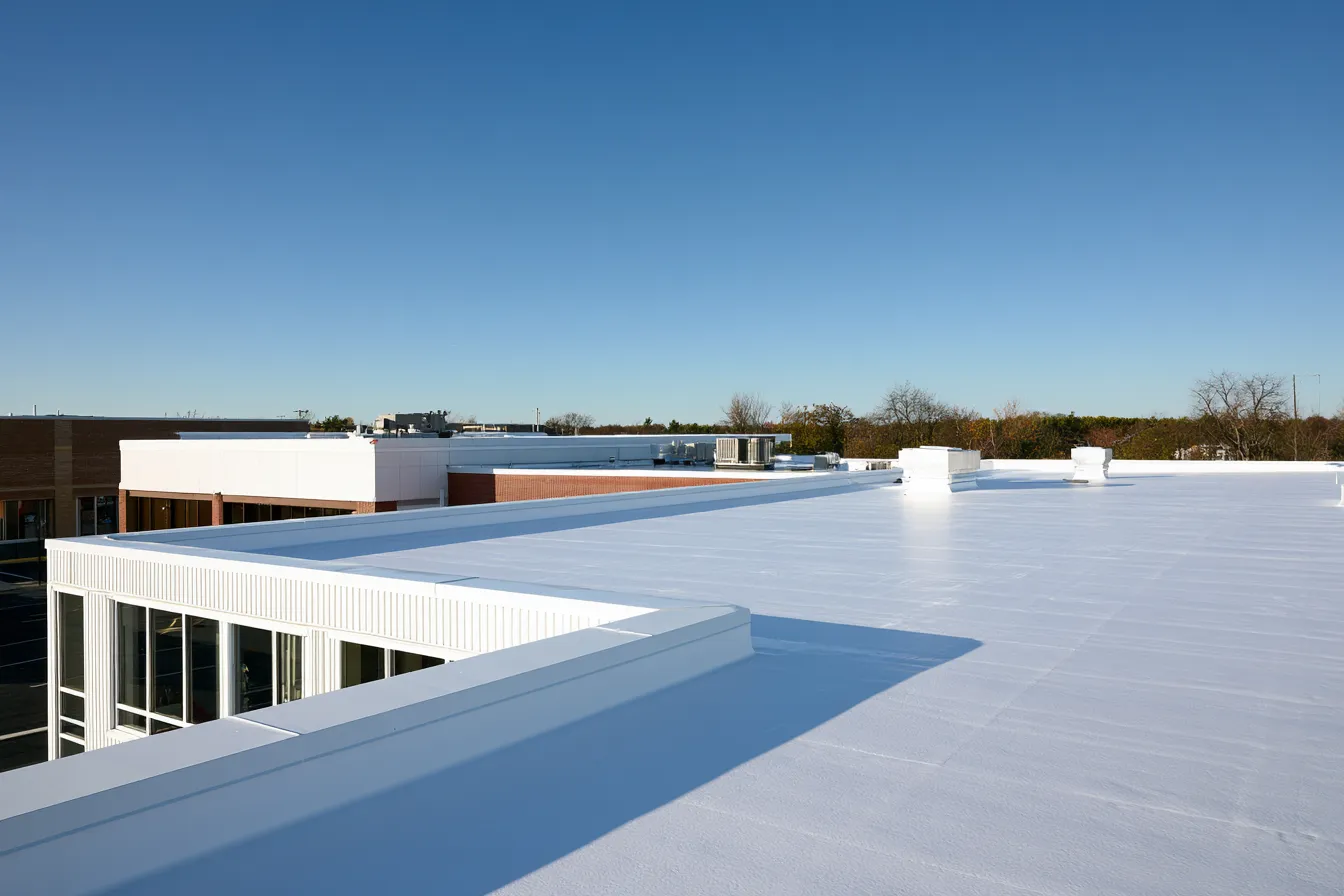 Retail building with a coated flat roof and parapet edge