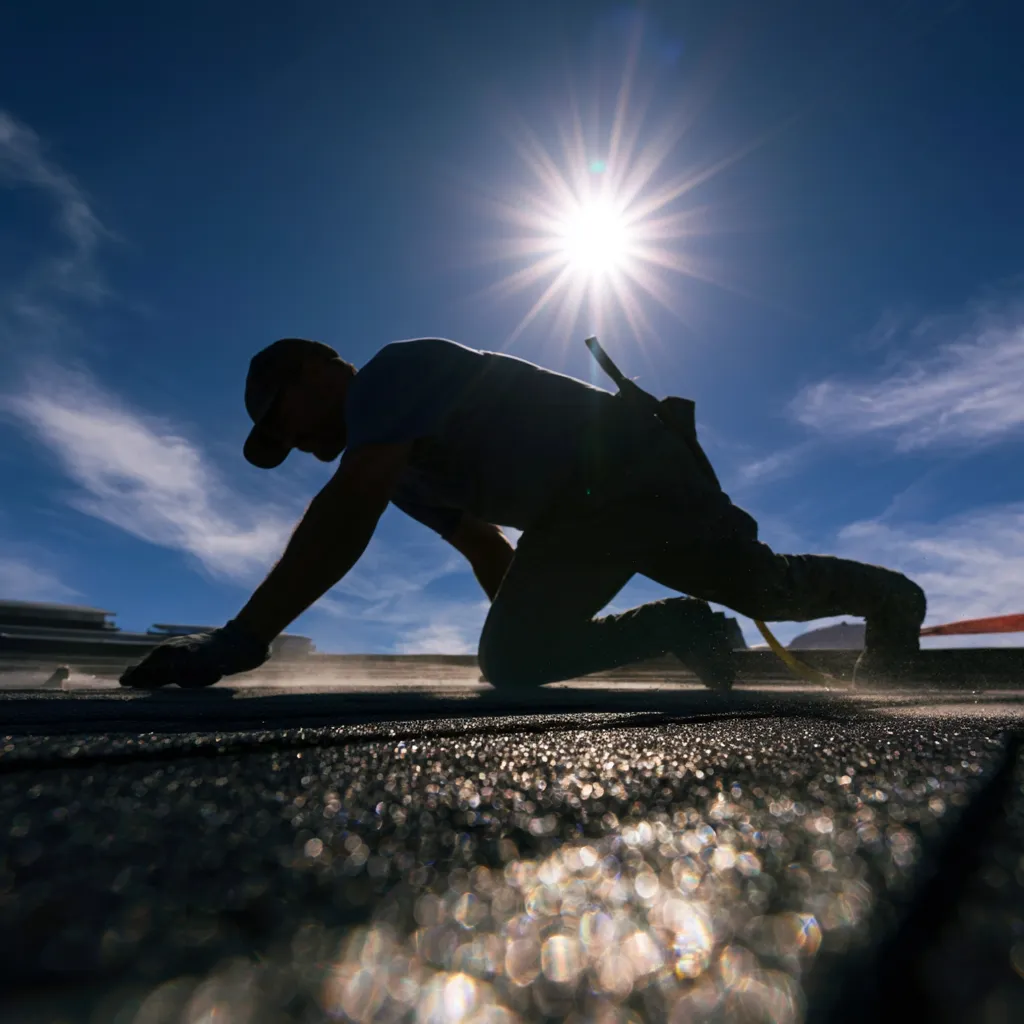 Under a bright sun a silhouetted roofer crouches on shingles