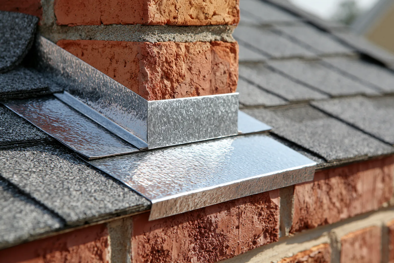 Metal saddle flashing wrapped around a brick chimney base on a shingle roof