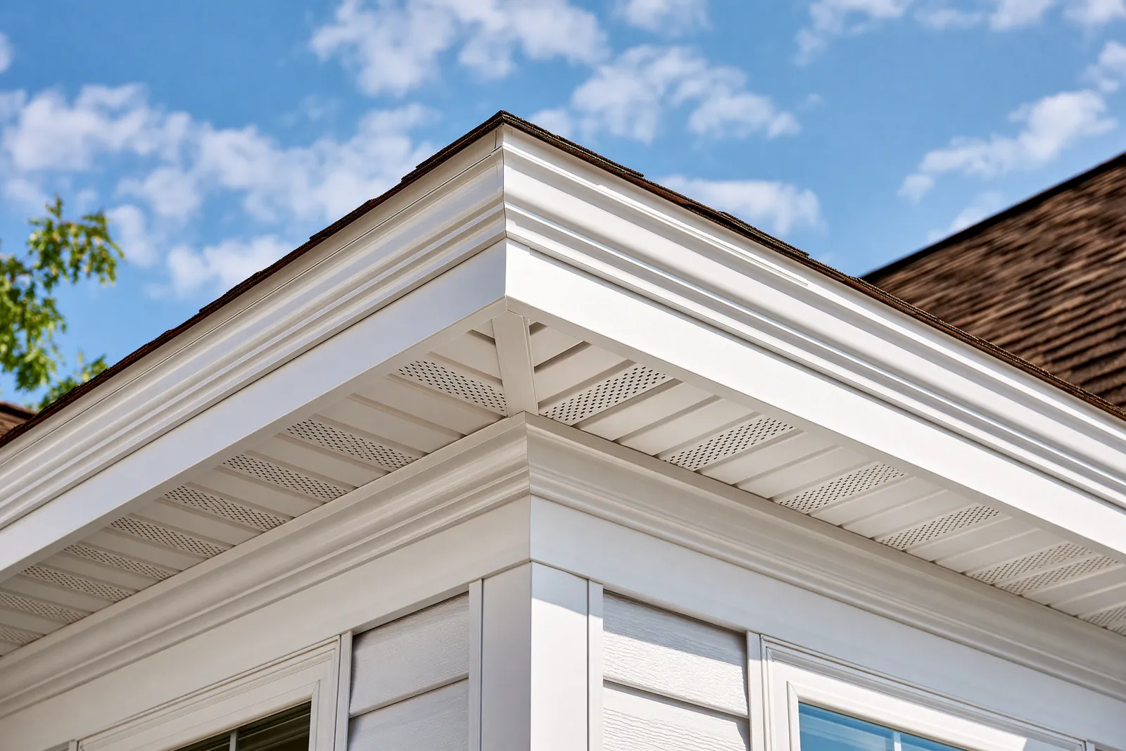 A roof corner shows white fascia and soffit venting above a brown shingle roof