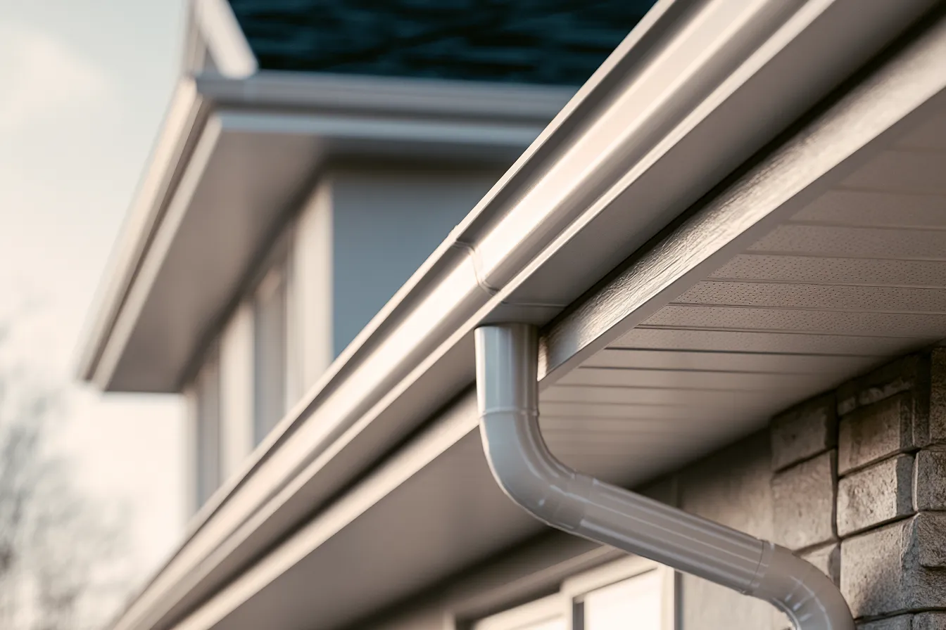 Beige downspout and gutter wrapping a corner with stone accents