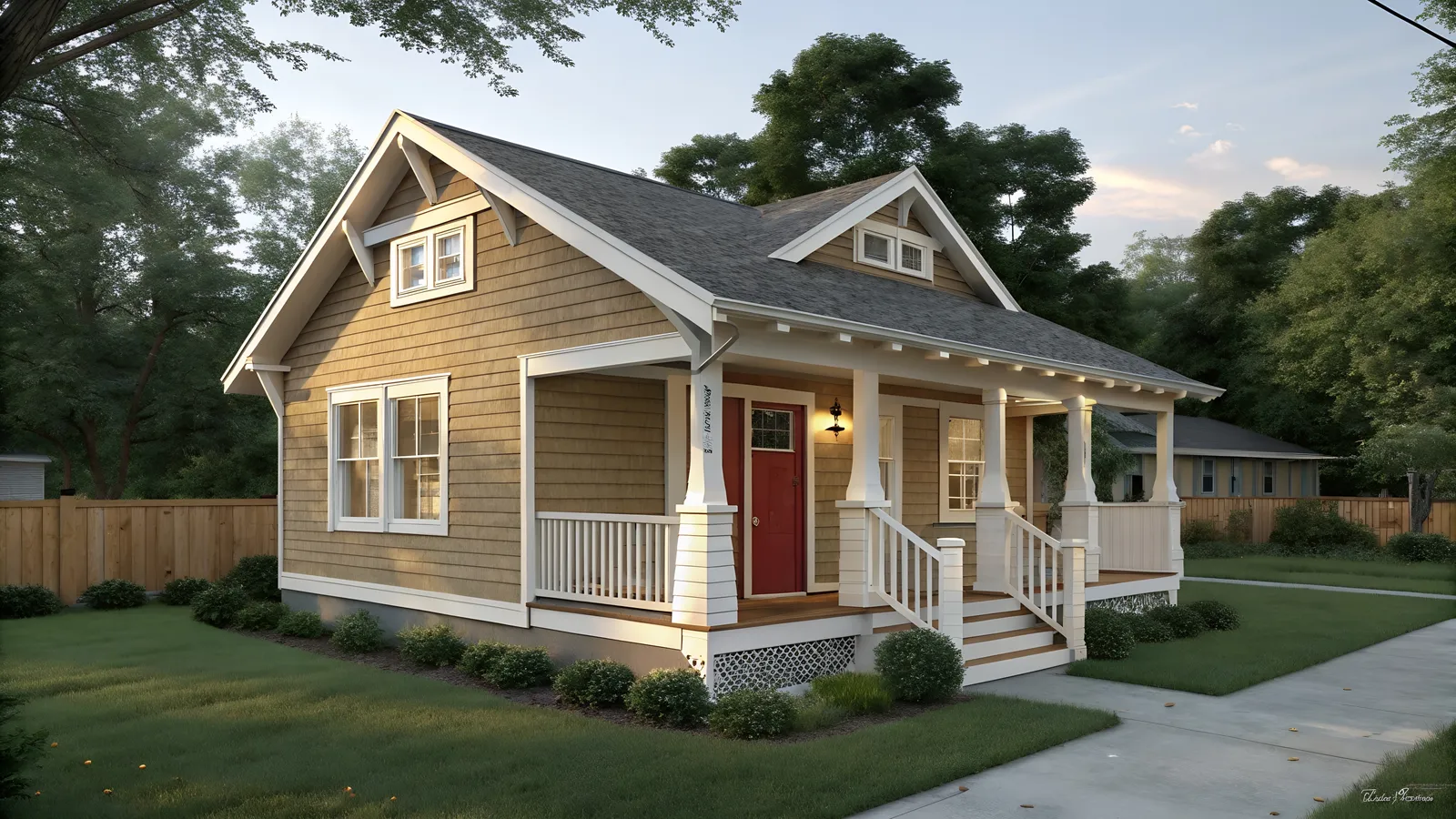 Red front door on a craftsman bungalow under a gray shingle roof