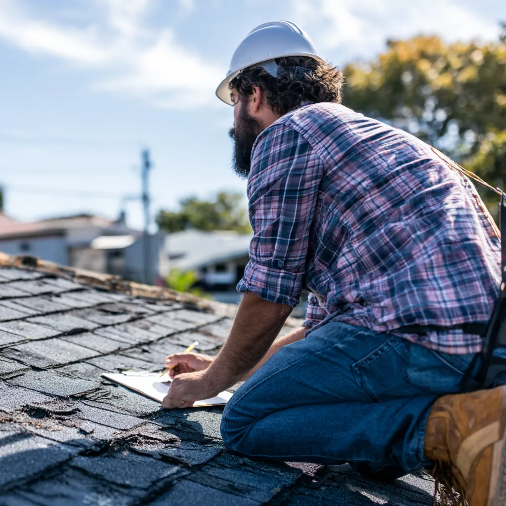 An inspector kneeling on a shingle roof writing on a clipboard