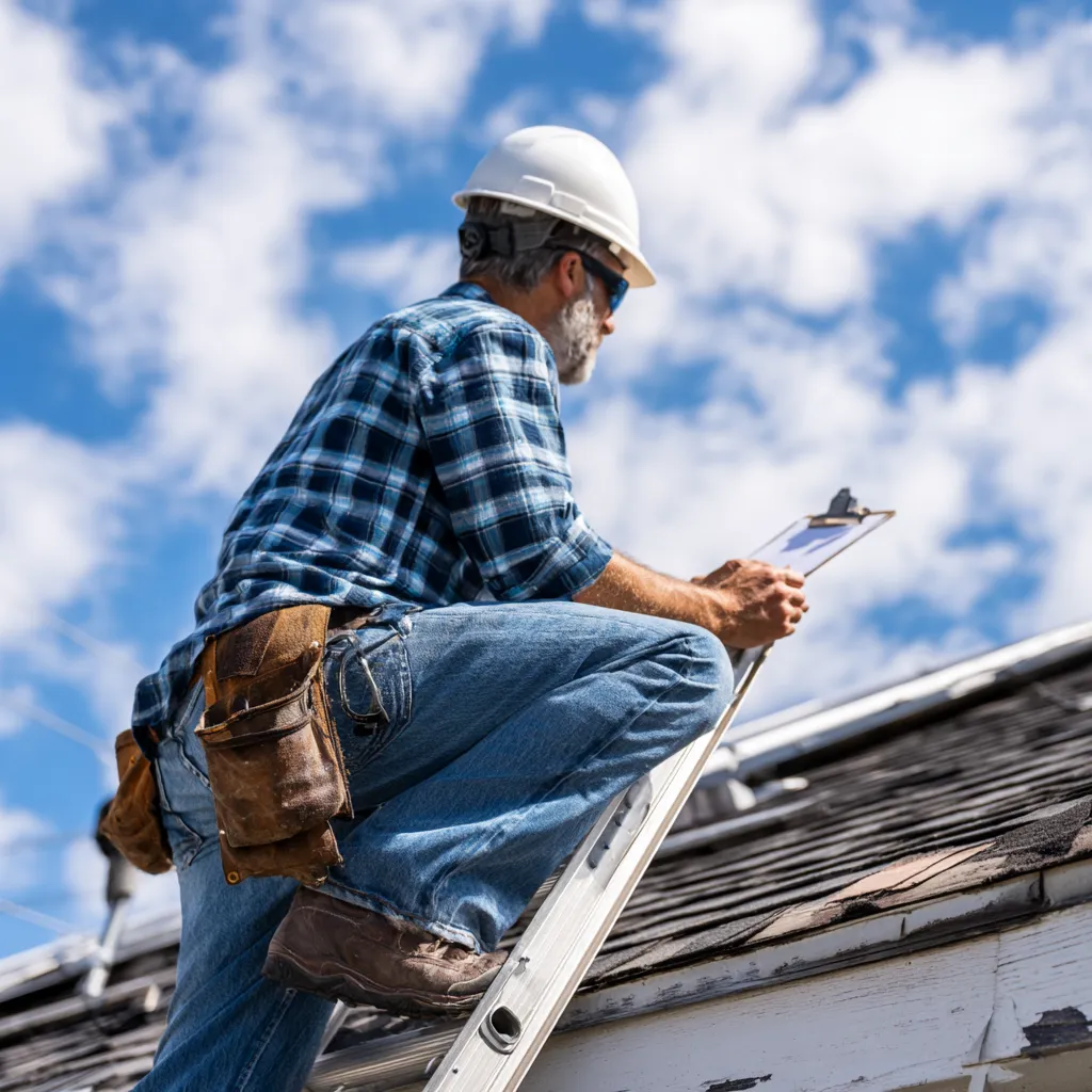 At the roof edge an inspector on a ladder holds a clipboard
