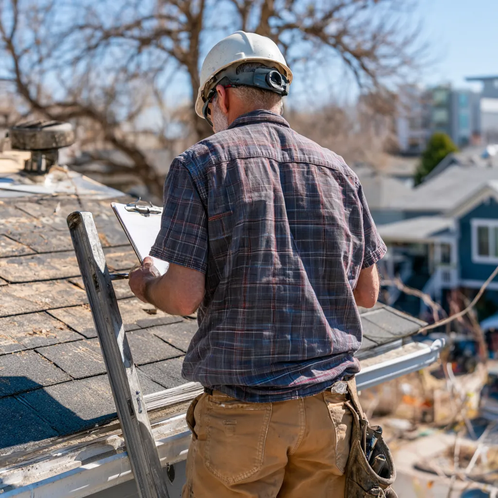 Aged roof with an inspector holding a clipboard beside a ladder