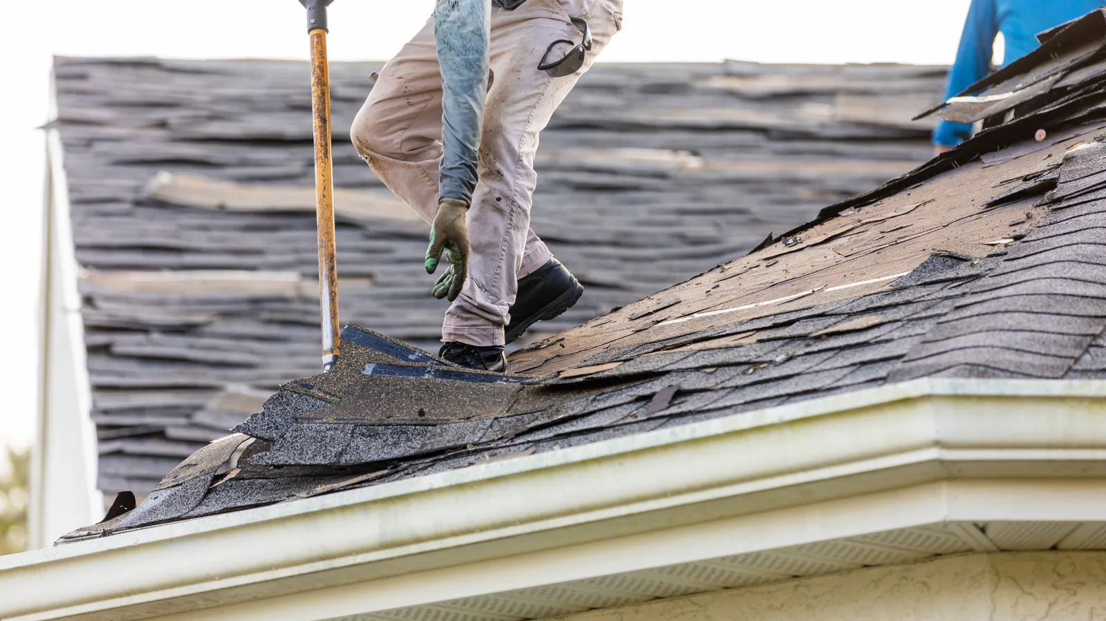 Old shingles being stripped from a roof with a roofer's tear-off shovel