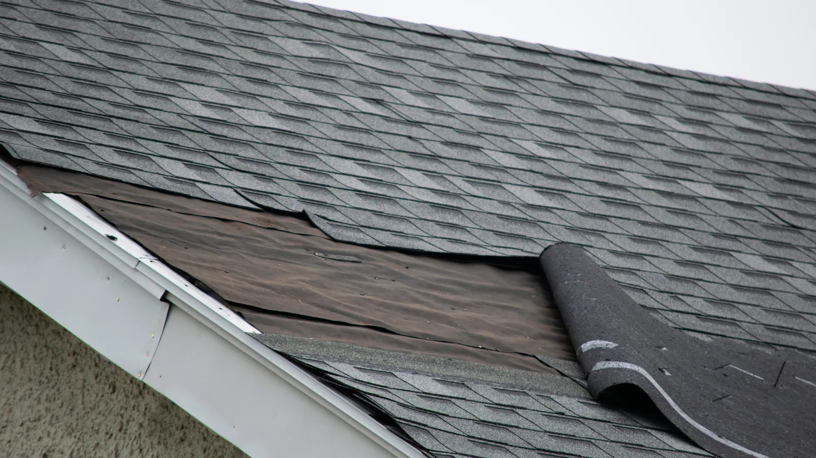 Gray asphalt roof slope with underlayment showing through torn shingles