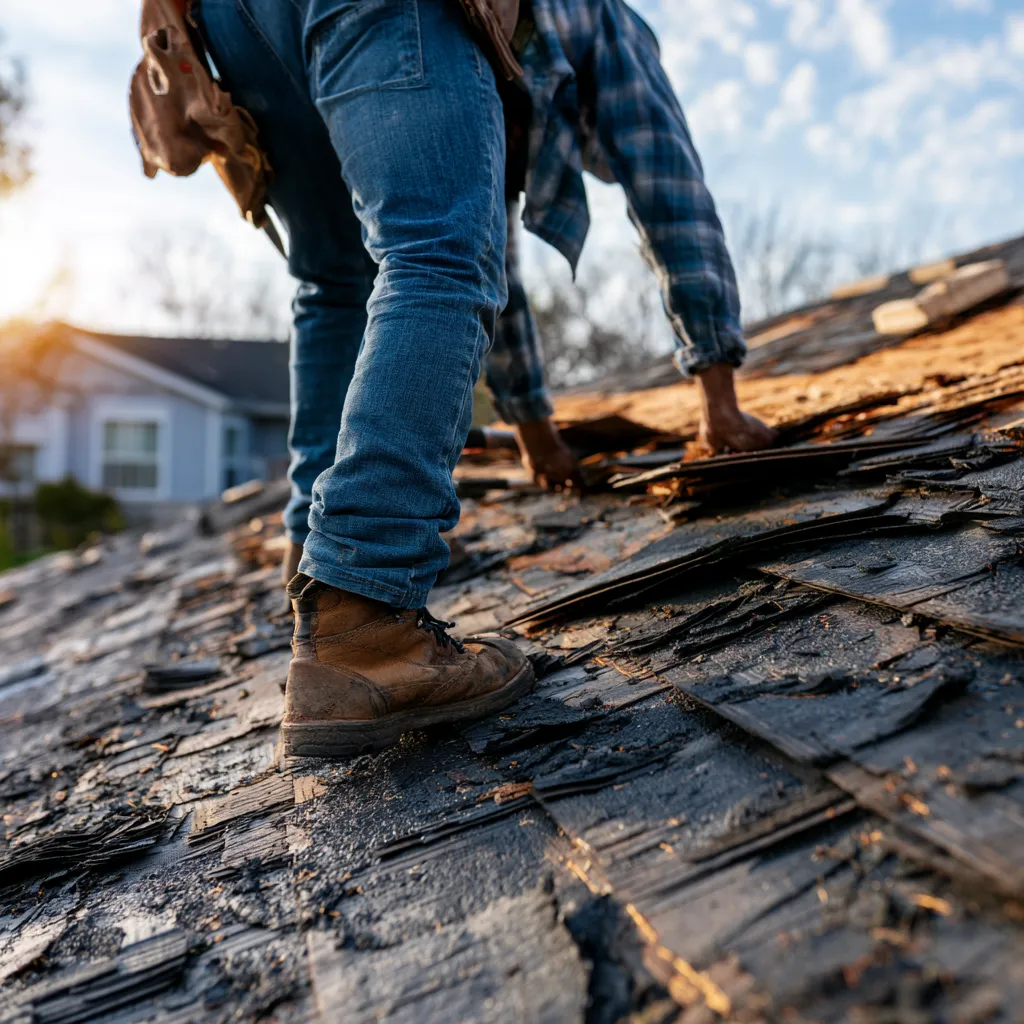 Two roofers working across weathered dark shingles in low sunlight