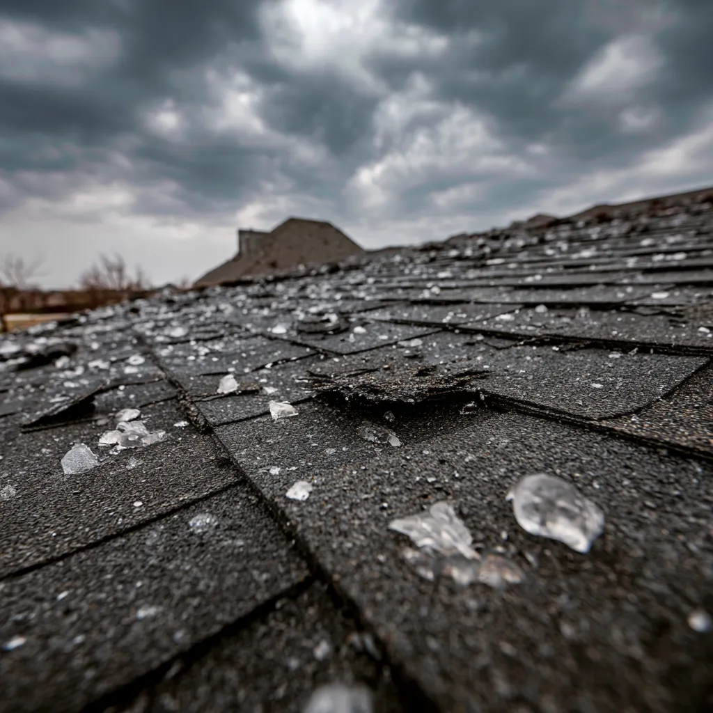 Dark shingles topped with melting hailstones under a dramatic cloudy sky