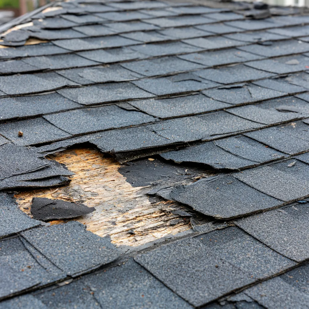 Bare wood and torn felt exposed through a hole in a shingle roof