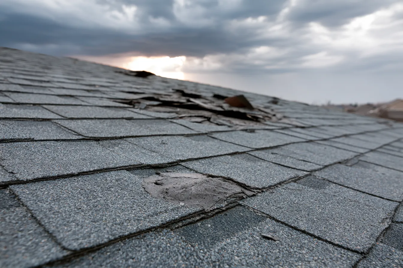 Brooding sky over torn shingles and an exposed dark patch