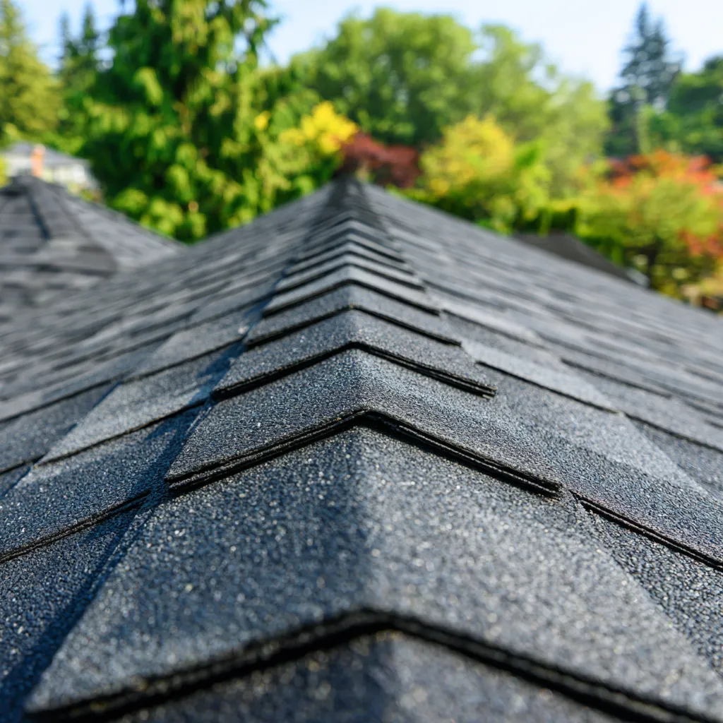 Black roof with chevron ridge cap shingles near lush trees