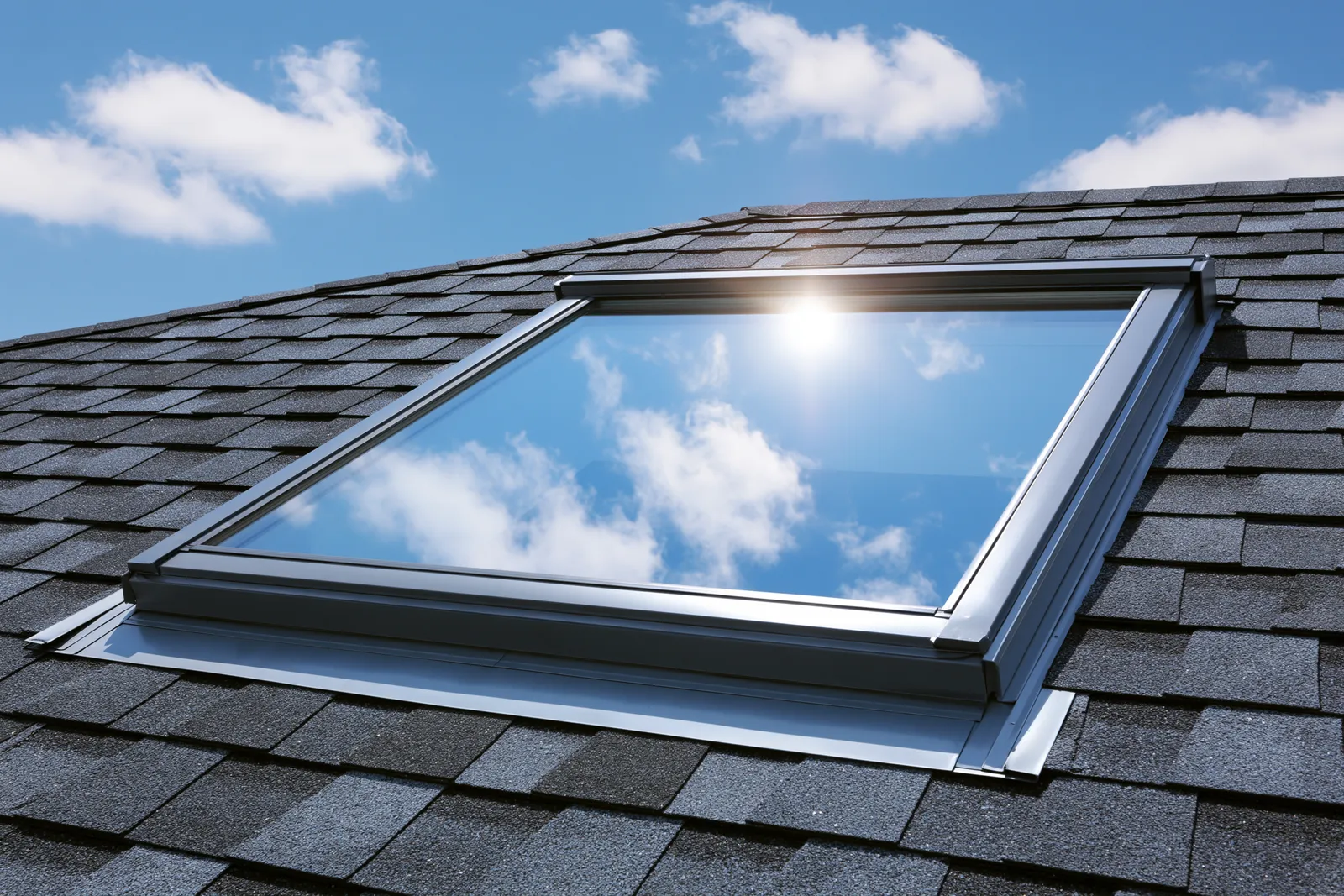 Skylight reflecting clouds set into a dark shingle roof